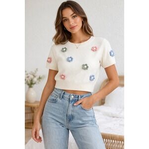 Anthro Luna Ivy Cream Short Sleeve Cropped Knit Sweater 3D Floral Applique XS
